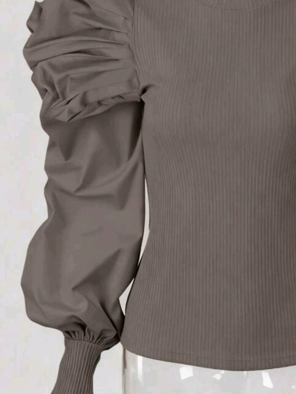 Beige Puff-Sleeve Ribbed Knit Sweatshirt - Picture 3 of 3
